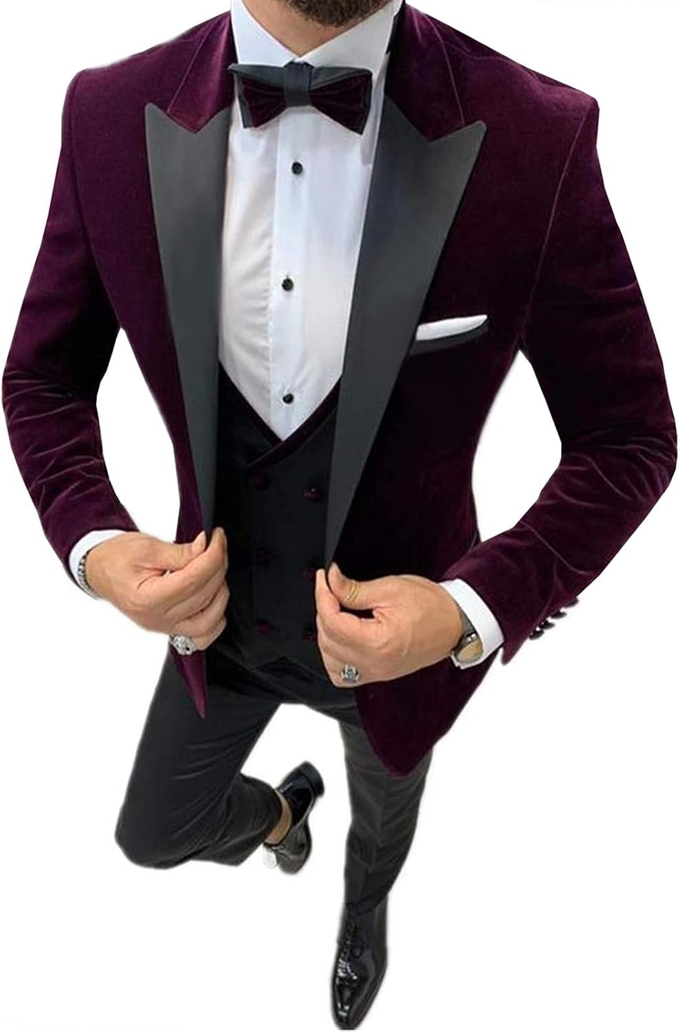 Men's 3 Pieces Suit Slim Fit Velvet Jacket & Double Breasted Vest & Pants for Business Prom Wedding