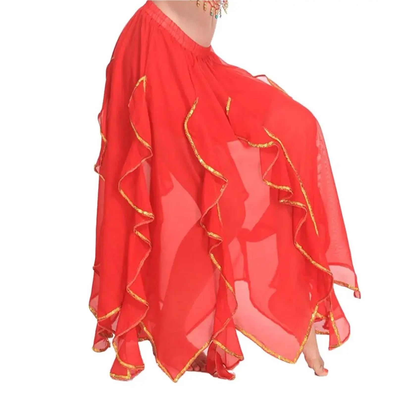 TRRYUIP Belly Dance Skirt Sparkling Belly Women Chiffon Shiny Tassels Long Dancing Skirt Show Costumes(Red)