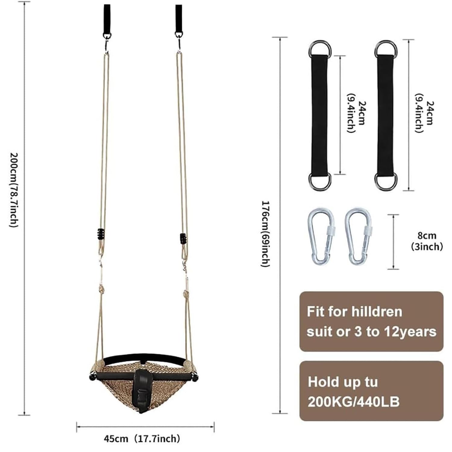 Babyschaukel,Kinderschaukel mit Verstellbaren Seilen,für Kinder Heavy Duty Seilspiel Sicher Kinder Swing Set, für Outdoor Indoor,Garten (Khaki)