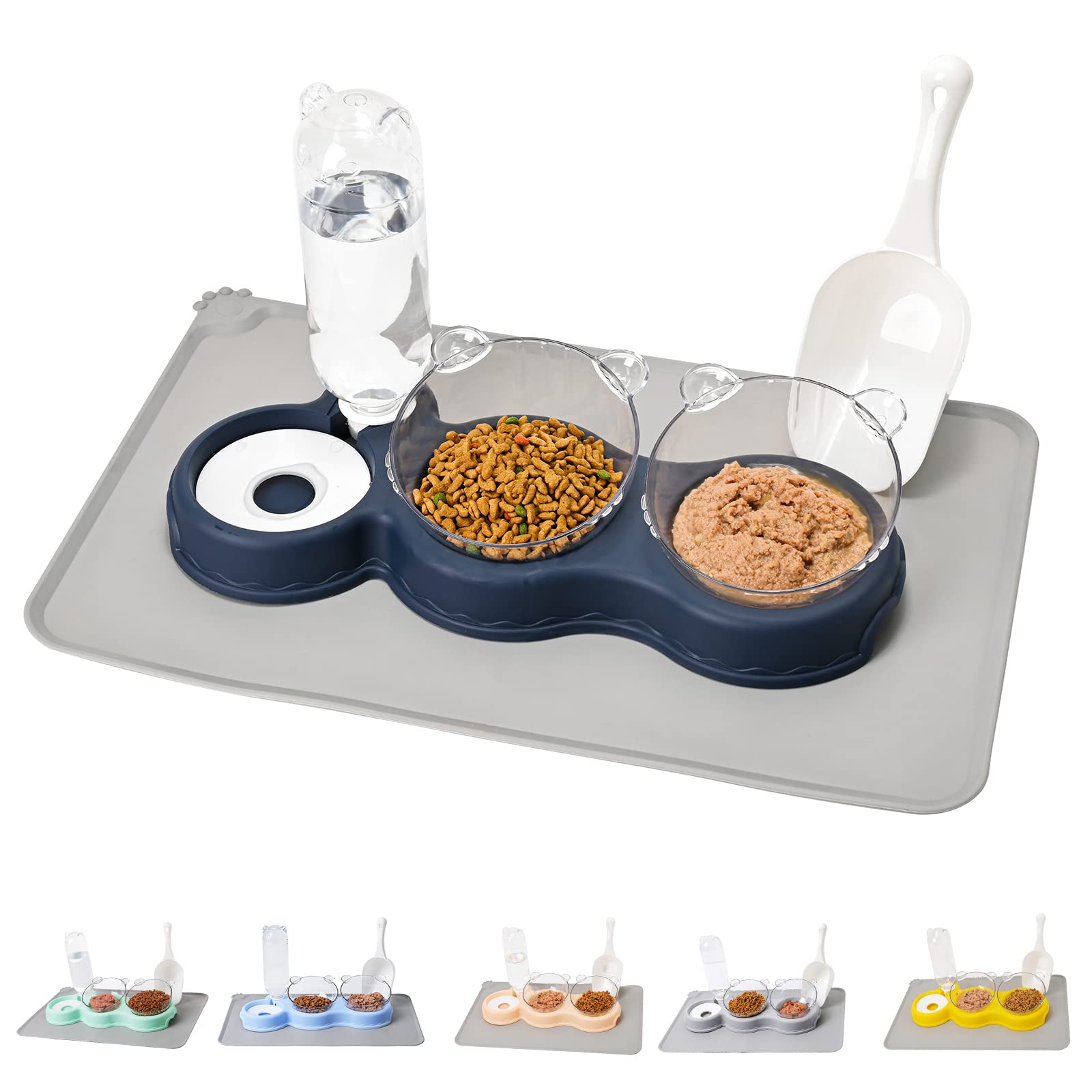 LKSTK Navy Blue Triple Cat Bowl with Waterproof Mat and Scoop, 15??Tilted Raised Cat Food Bowl, Pets Water and Food Bowl Set with Automatic Water Bottle, Wet and Dry Food Bowl for Cat & Small Dog