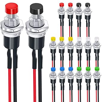 18Pcs 7mm Mini Round Pushbutton Switches 1A 250V AC 2 Pins SPST ON OFF Momentary Push Button Switch with Pre-soldered Wires for Car, Boat 6 Color(Red/Green/Yellow/Black/Blue/White)