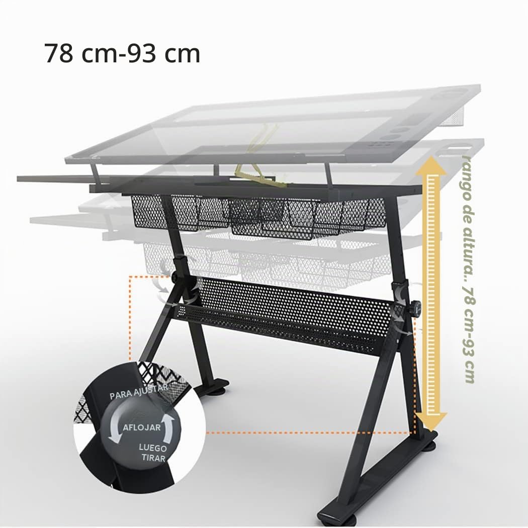 Mesa de dibujo de artistas de altura ajustable con taburete, estación de trabajo perfecta para artistas, parte superior de vidrio templado, 2 cajones, escritorio inclinable para leer, dibujar,