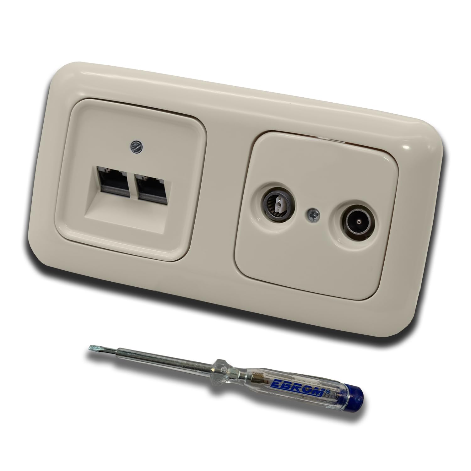 Busch Jäger Rutenbeck - Enchufe de red empotrable (10 Gigabits/S (10GbE) CAT6A 6A 2 conectores RJ45 + 2 enchufes Wisi de 2 orificios en diseño BJ DUR2000, color blanco crema + comprobador de fase