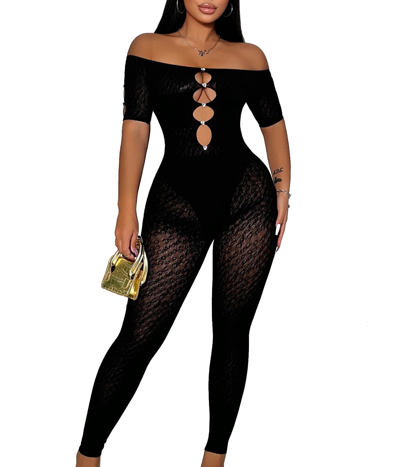 WEICHUJIAN Women Sexy See through Hollow Mesh Leopard Print Rhinestone Club Short Sleeve Bodycon Jumpsuit