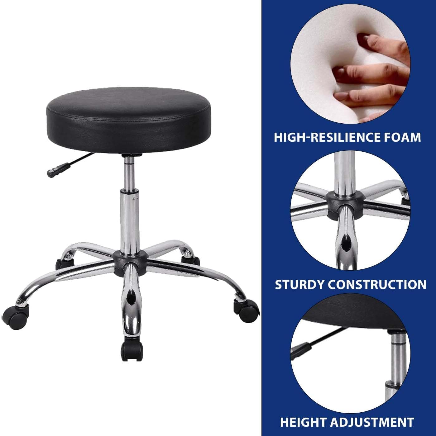 Taburete con ruedas giratorio de 360 grados, altura ajustable, 47 – 60 cm, silla de trabajo, silla de oficina, taburete acolchado, 150 kg de capacidad de carga