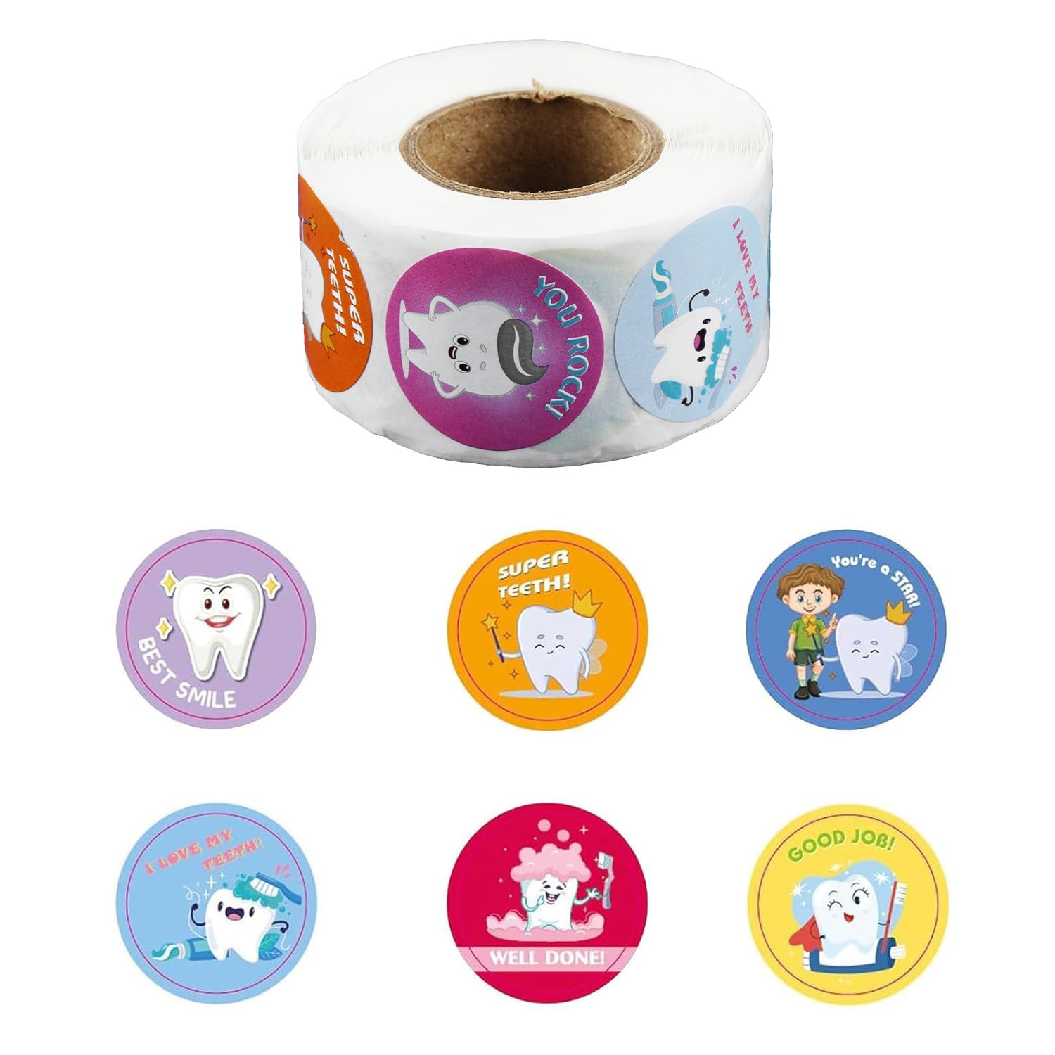 Tabanzhe 500 PCS Dental Reward Stickers,2.5cm Cute Cartoon Tooth Decals Stickers for Classroom Rewards Brushing Encouragement School Use,Multicolor