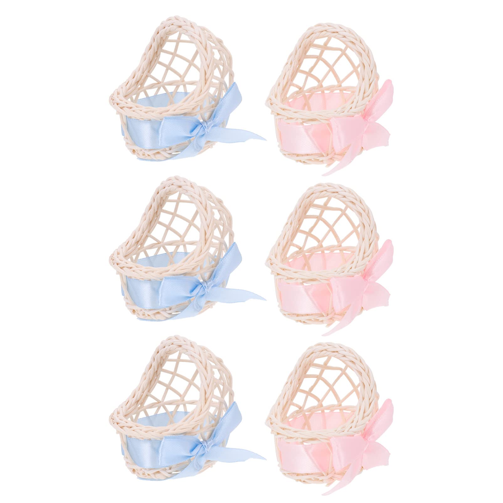 Housoutil 6Pcs Mini Woven Baskets Farmhouse Ribbon Bow Small Basket Wedding Candy Baskets Flower Basket Plant Pot Storage Bins for Wedding Party Favors Ornaments Crafts