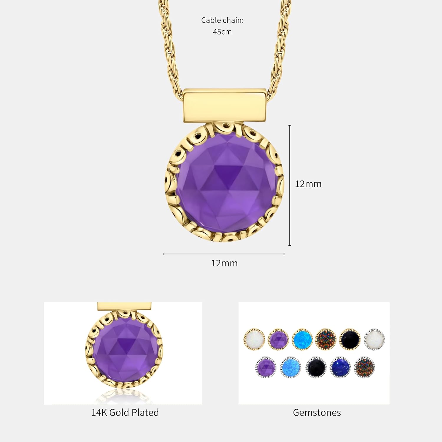 14K Gold Plated Amethyst Necklace for Women - 12mm Round Amethyst Pendant Necklace - Gold Plated 45cm Cable Chain - February Birthstone Necklace - Amethyst Jewelry Perfect Gift for Her - Image 6