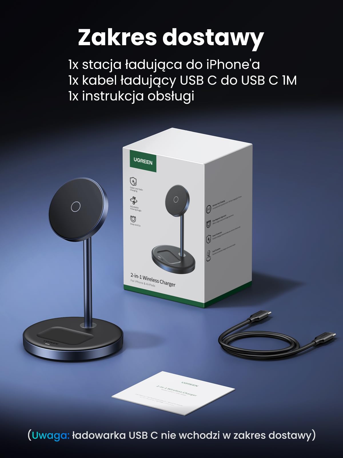 UGREEN Zapix 2 w 1 stacja ładująca do iPhone'a z MagSafe | Ładowarka bezprzewodowa 7,5 W, regulacja 90°, kabel 1 m, kompatybilna z iPhone'ami 17/16/15/14/13/12 i AirPodsami