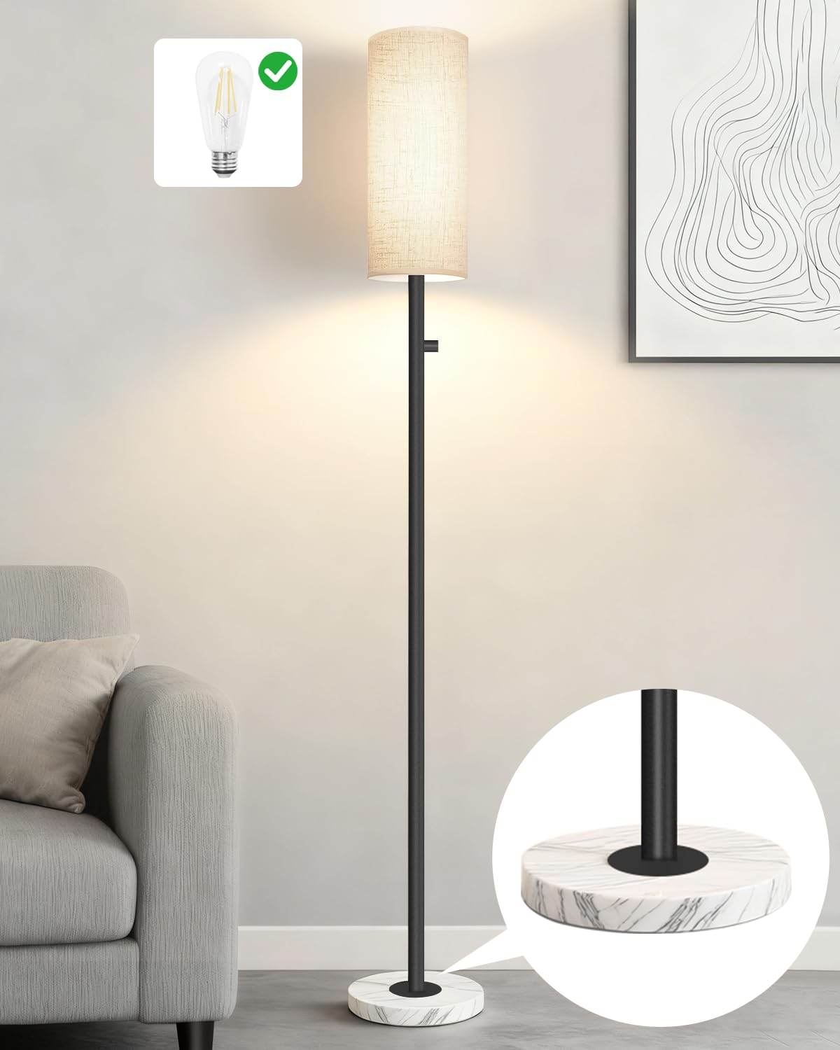 Black Floor Lamp for Living Room Dimmable Floor Lamp with LED Bulb Modern Standing Lamp with Marble Base