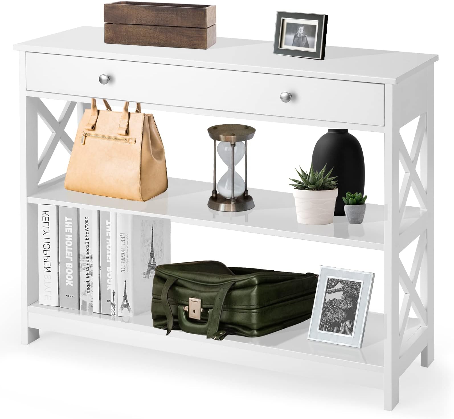 CASART 3-Tier Console Table, X-Design Wooden Side End Table with a Drawer & Shelves, Narrow Sofa Table Hall Desk for Living Room Bedroom Entryway (White)
