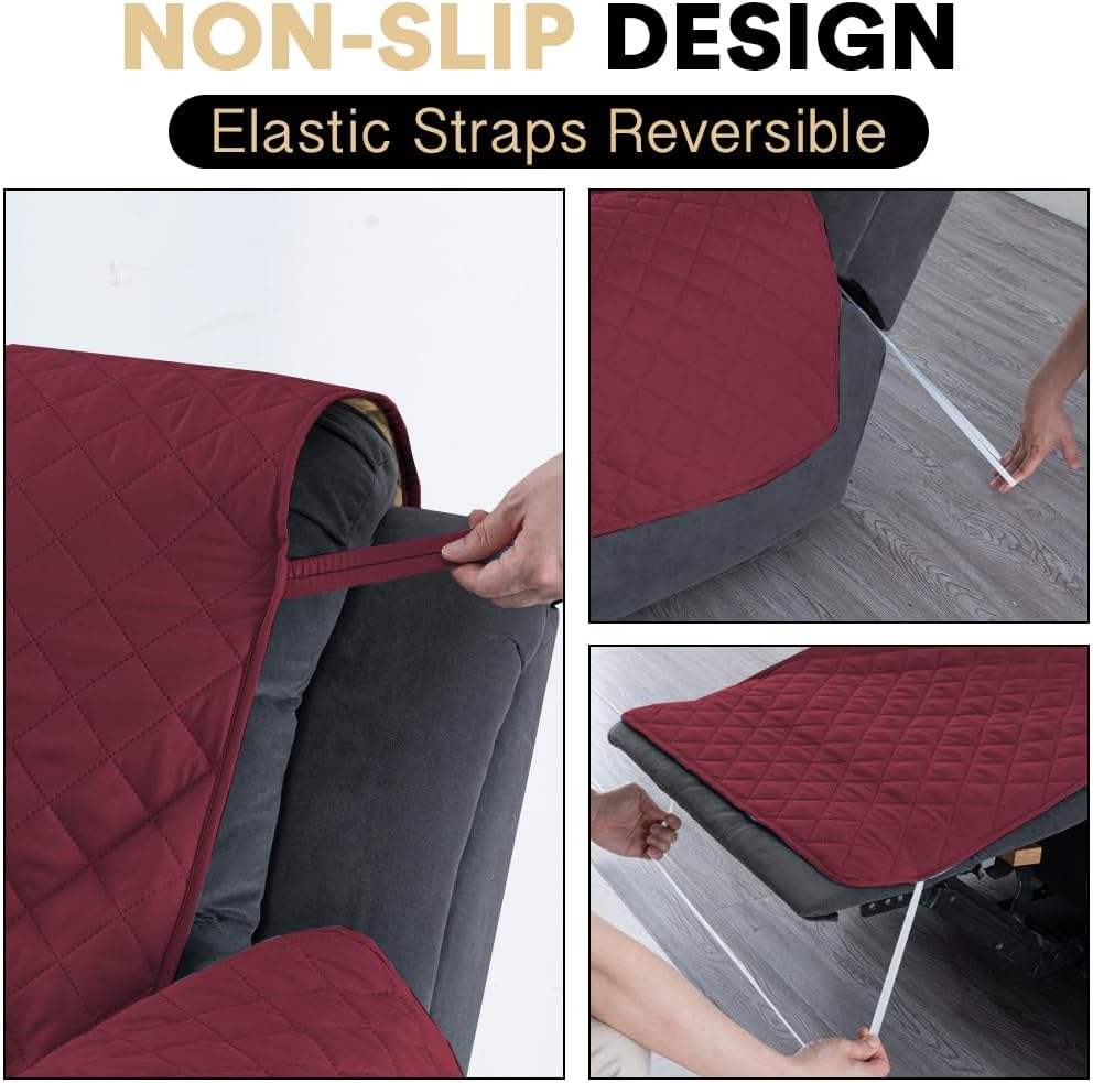 PrinceDeco Recliner Cover Reversible Couch Cover Sofa Cover for Living Room Water Resistant Furniture Protector with Elastic Straps for Pets Dog(Recliner 22",Wine)