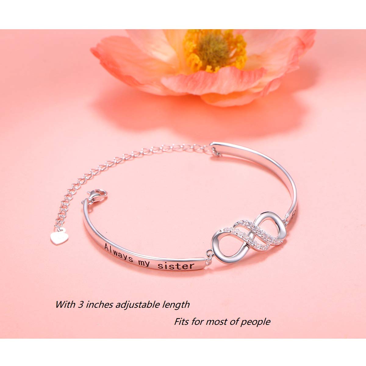 Braccialetto in argento Sterling 925 con simbolo dell'infinito, con messaggio "Always My Sister, Forever My Friend", regolabile, per donne e ragazze