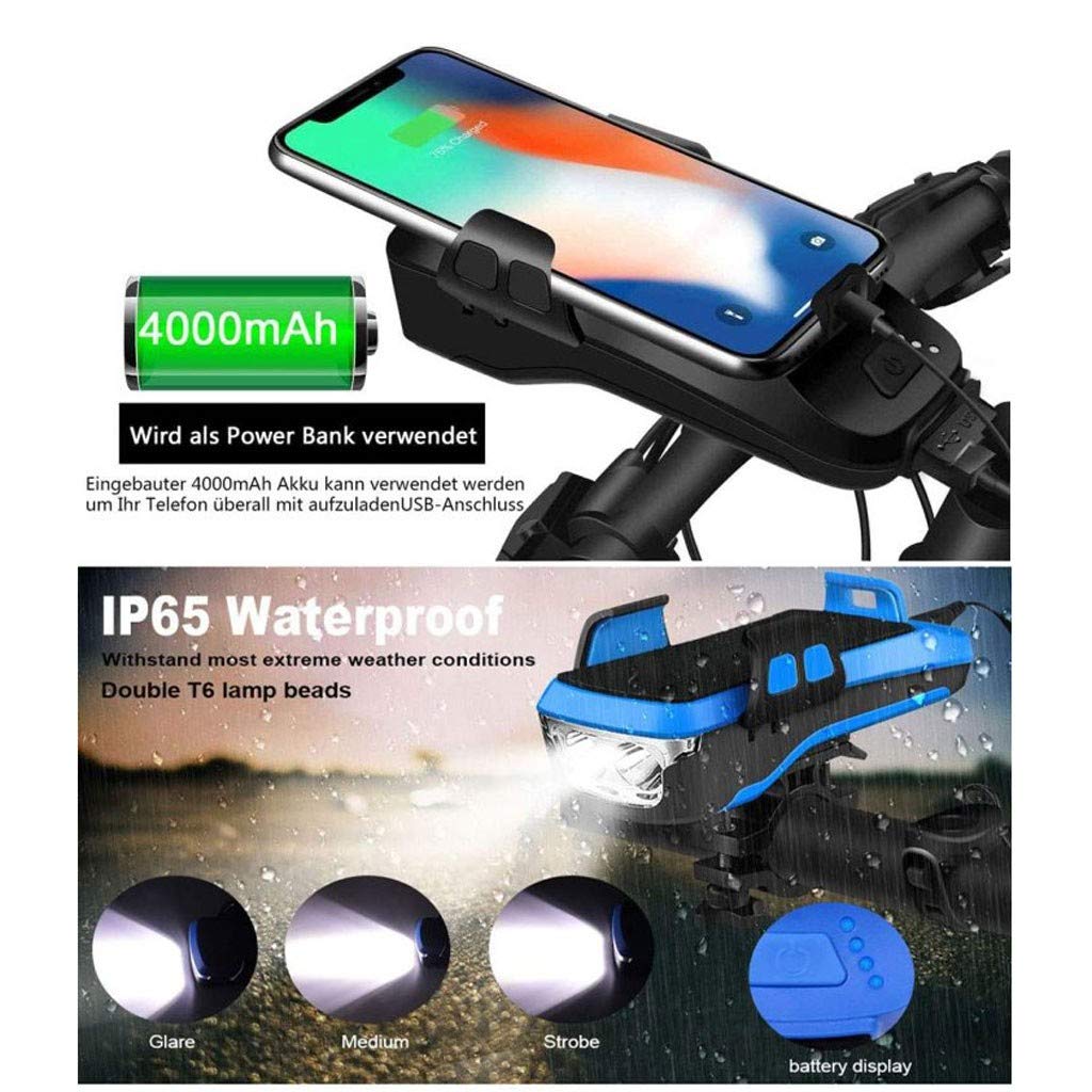 Bicicletta faro ricaricabile 4 in 1 con supporto telefono, corno 130DB e power bank 4000mAh 2 Pack