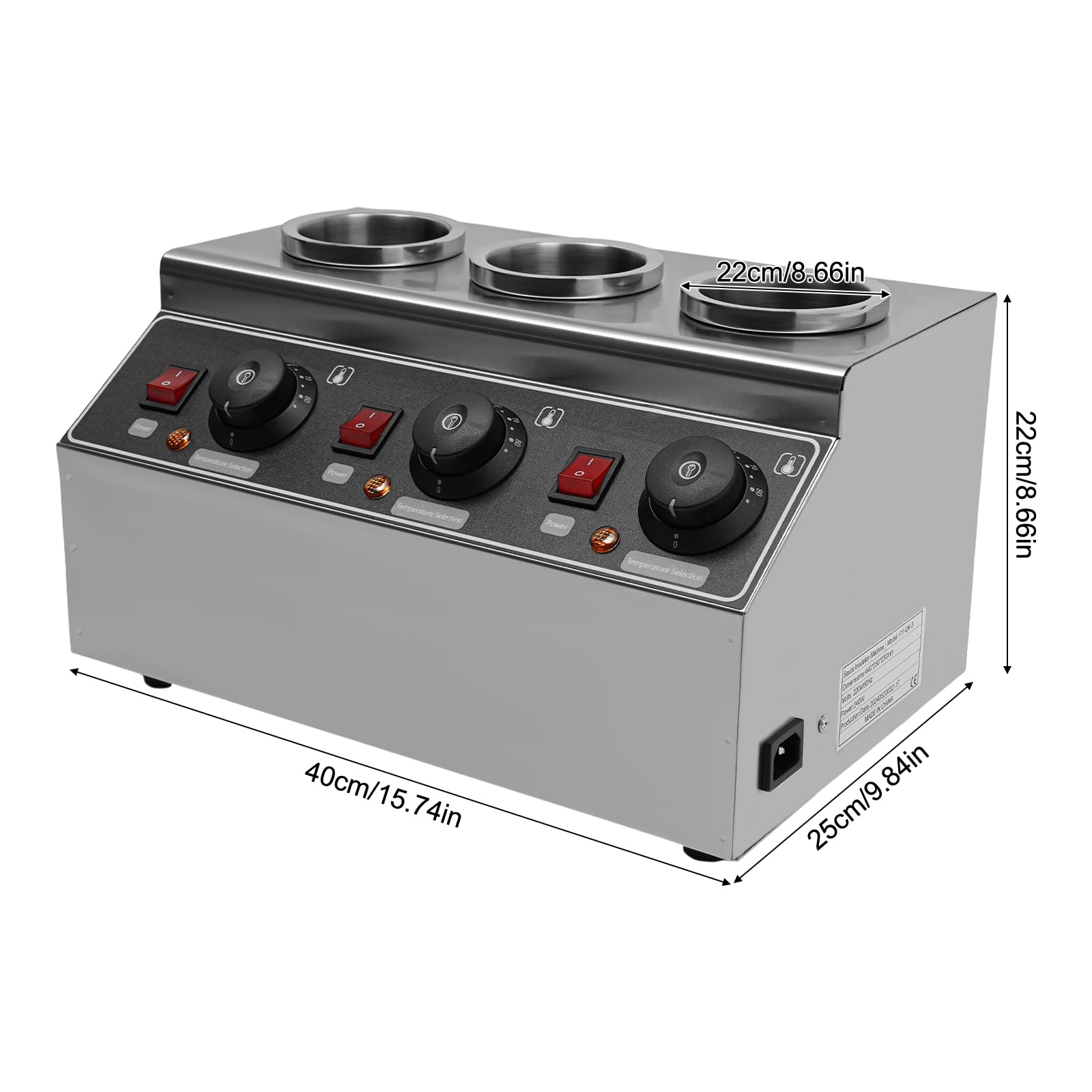 240w Chauffe-sauce électrique alimentaire 3 casseroles thermostat de sauce chaude humide en acier inoxydable 30℃ - 85℃ distributeur fonte fromage au chocolat machine conservation chaleur confiture