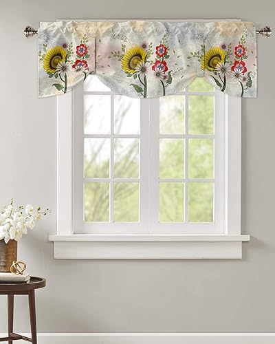 Sunflower Floral Tie Up Valance for Kitchen Windows, Adjustable Window Valance Kitchen Curtains Window Topper Short Curtain for Living Room, Ombre