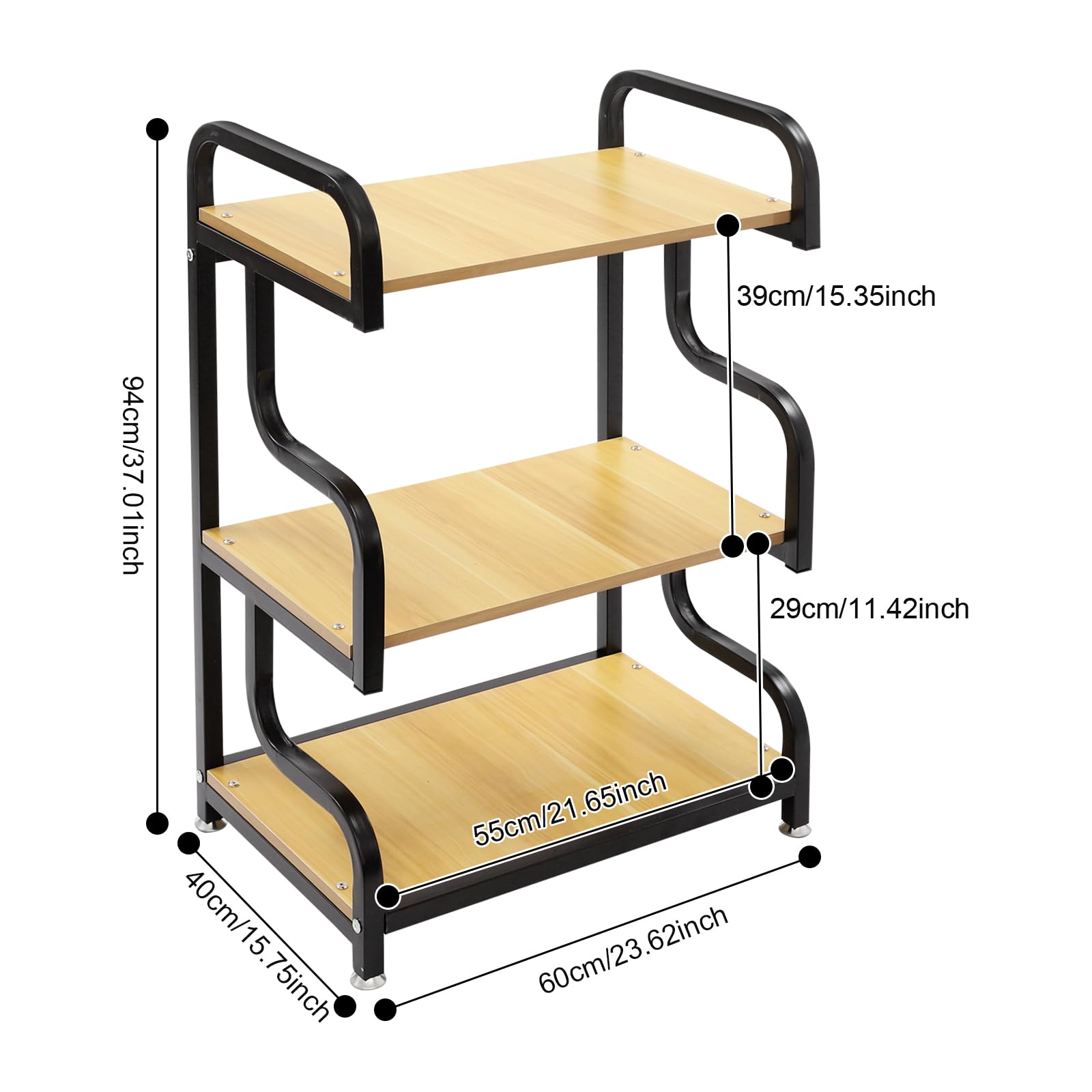 3-stufiger Druckerständer mit Ablage, Robustes Druckerregal, 60x40x94cm Standregal für Büro & Home Office, Hohe Tragfähigkeit bis 20kg pro Ebene, Schwarz