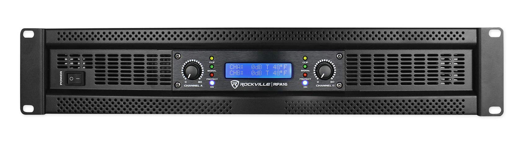 Rockville RPA16 10000W Peak/3000W RMS 2-Channel Power Amplifier, Bridgeable, Built-in Crossover, Limiter, LCD Display, XLR/Speakon/Banana Outputs, for Pro Audio and DJ