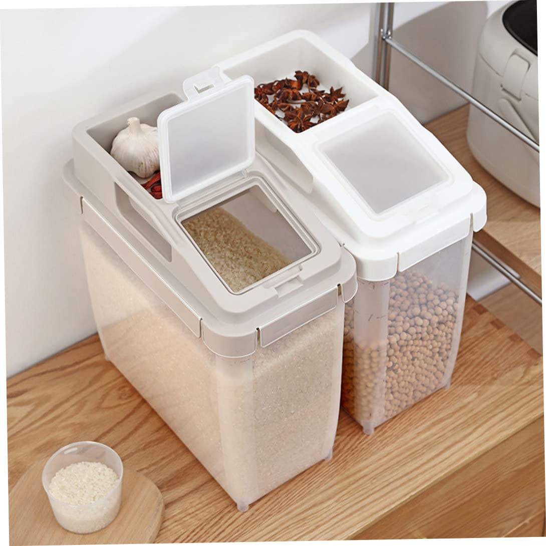 Bac de Stockage d'ingrédients, conteneur de 10kg Riz, Aliments secs, scellé sur Roues avec Couvercle, Tasse à mesurer Le café