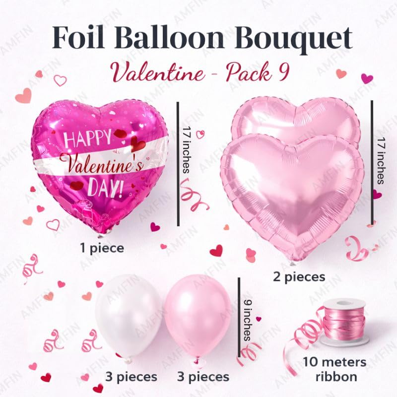 Image of AMFIN (Pack of 9) Happy Valentine's Day Balloon Decoration Set | Romantic Heart Foil Bouquet Metallic Helium Bunch Proposal Anniversary Celebration Party Decor - Pink White