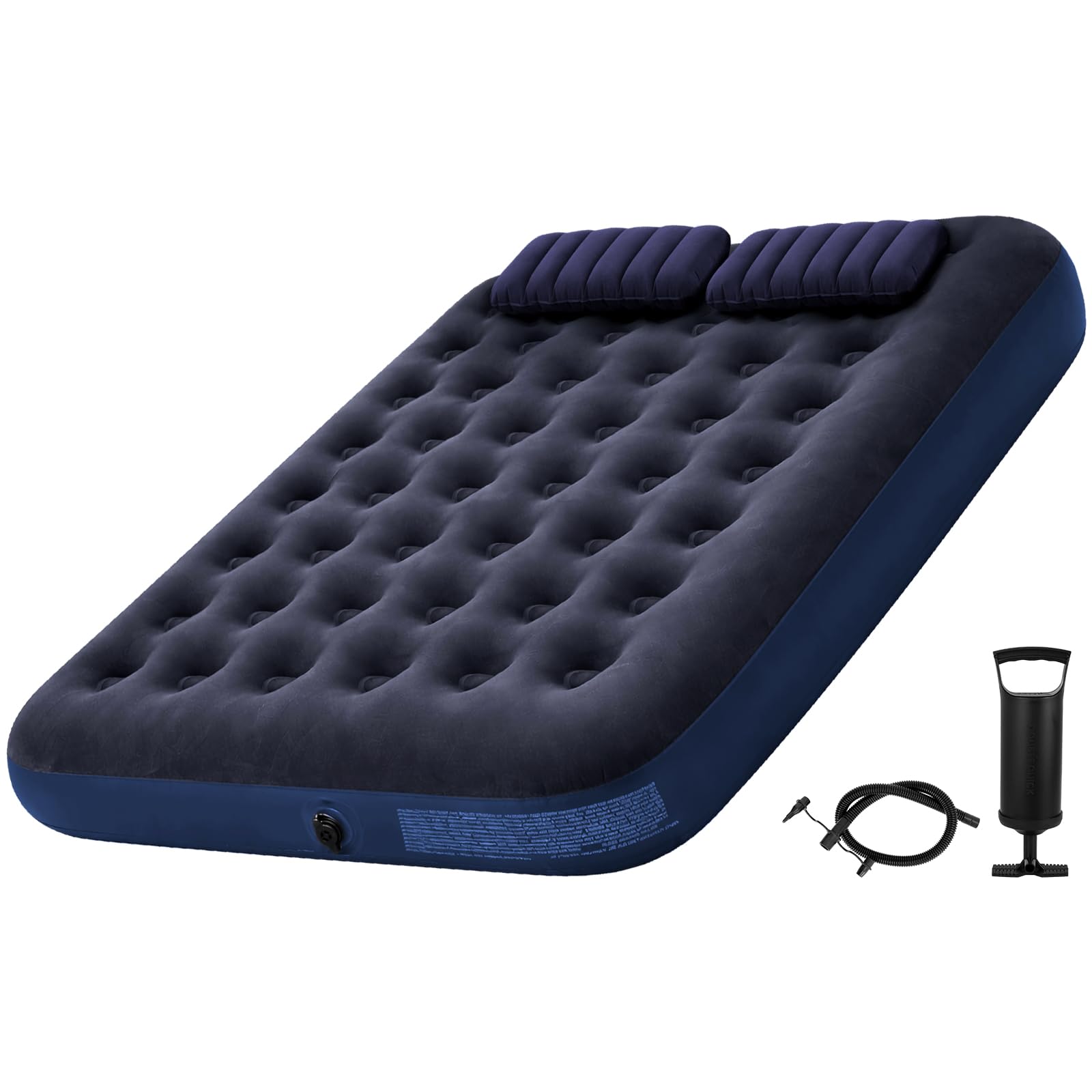 RWFMO Inflatable Flocked Air Bed, King Size Air Mattress with Hand Pump 2 Pillows, Deep Blue Blow Up Airbed for Camping Indoor Outdoor Travel (200 x 152 x 22cm)