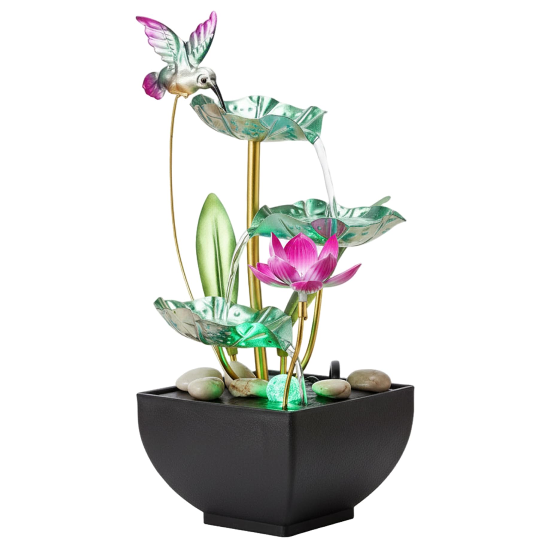 Fuente de agua de mesa con luces, 3 niveles, diseño de hojas, cascada con rocas, fuentes de agua interiores para el hogar, oficina, dormitorio, estilo 2