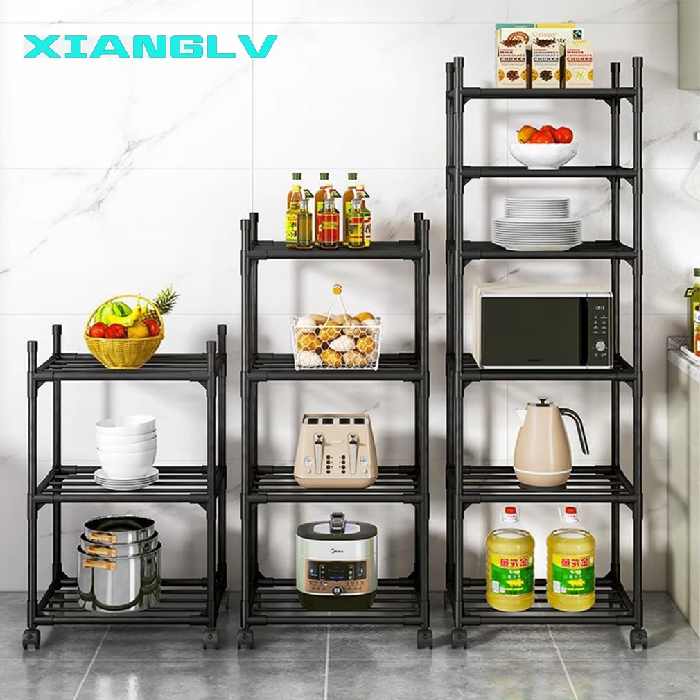Étagère Noire, 42 x 32 x 165 cm, Étagère Haute et Étroite à 6 Niveaux avec Roulettes et Pieds Antidérapants, Étagère Réglable et Meuble de Rangement pour Garage, Salle de Bain, Cuisine, Angle