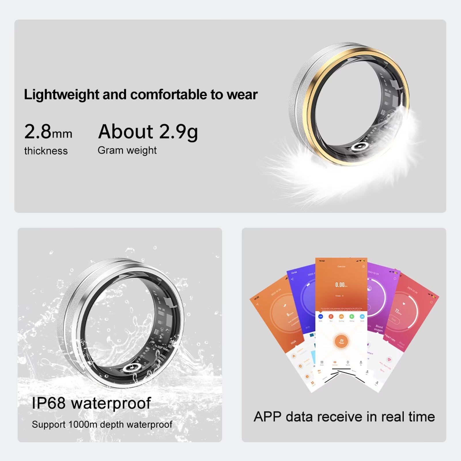 Smart Ring Herzfrequenz Fitness Tracker Ring Android IOS Smartringe Herren Damen Schlaftracker Schlaf Tracker Smartring Fitnessring Schrittzähler Fitnesstracker Gesundheitsring Pulsmesser Gold Silber