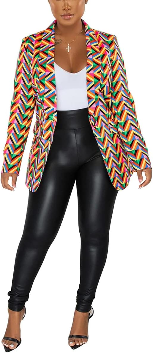 BFFBABY Women’s Graphic Print Blazer Button Open Front Lapel Collar Long Sleeve Casual Jacket Multicolored