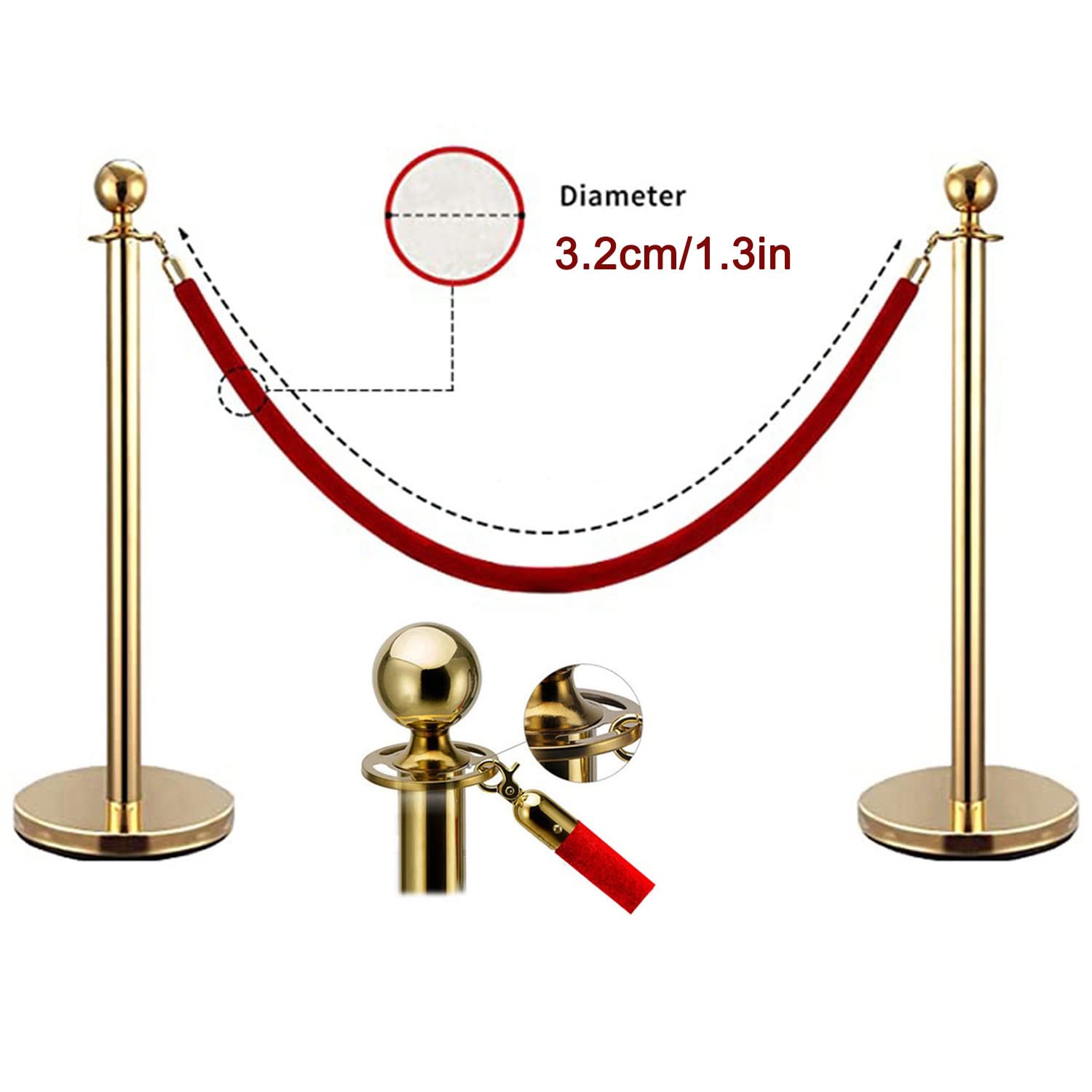 Cuerda de control de multitudes, paquete de 2 cuerdas rojas con ganchos, 120 cm, ideal para sistemas de cola de gestión de eventos y organización de lugares