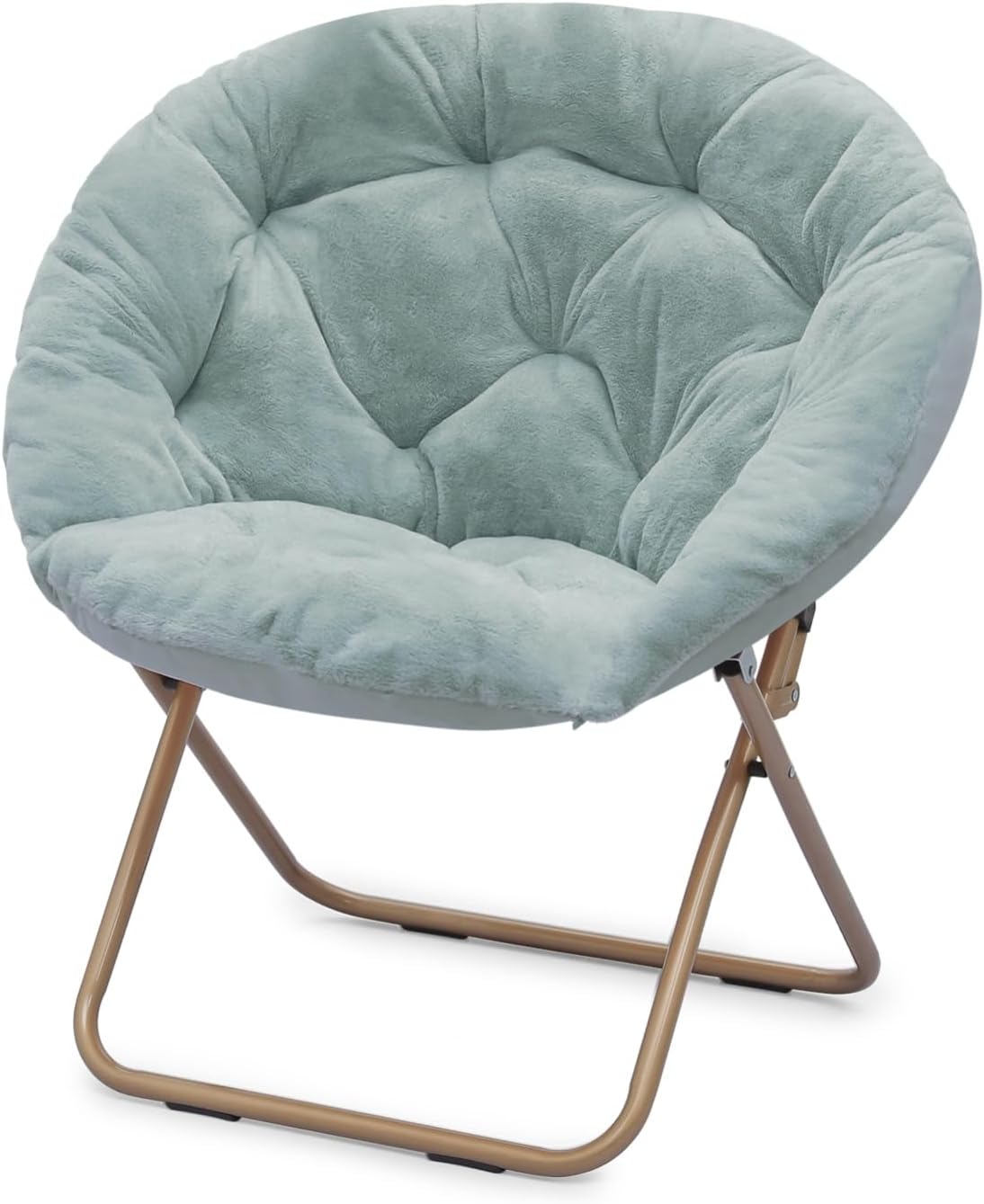 Round Comfy Saucer Chair, Metal Frame Cozy Lounge Lazy Chair Folding Faux Fur Saucer Chair for Adults, Foldable Papasan Moon Chair for Bedroom Living Room Dorm (Teal Seat/Gold Stand)