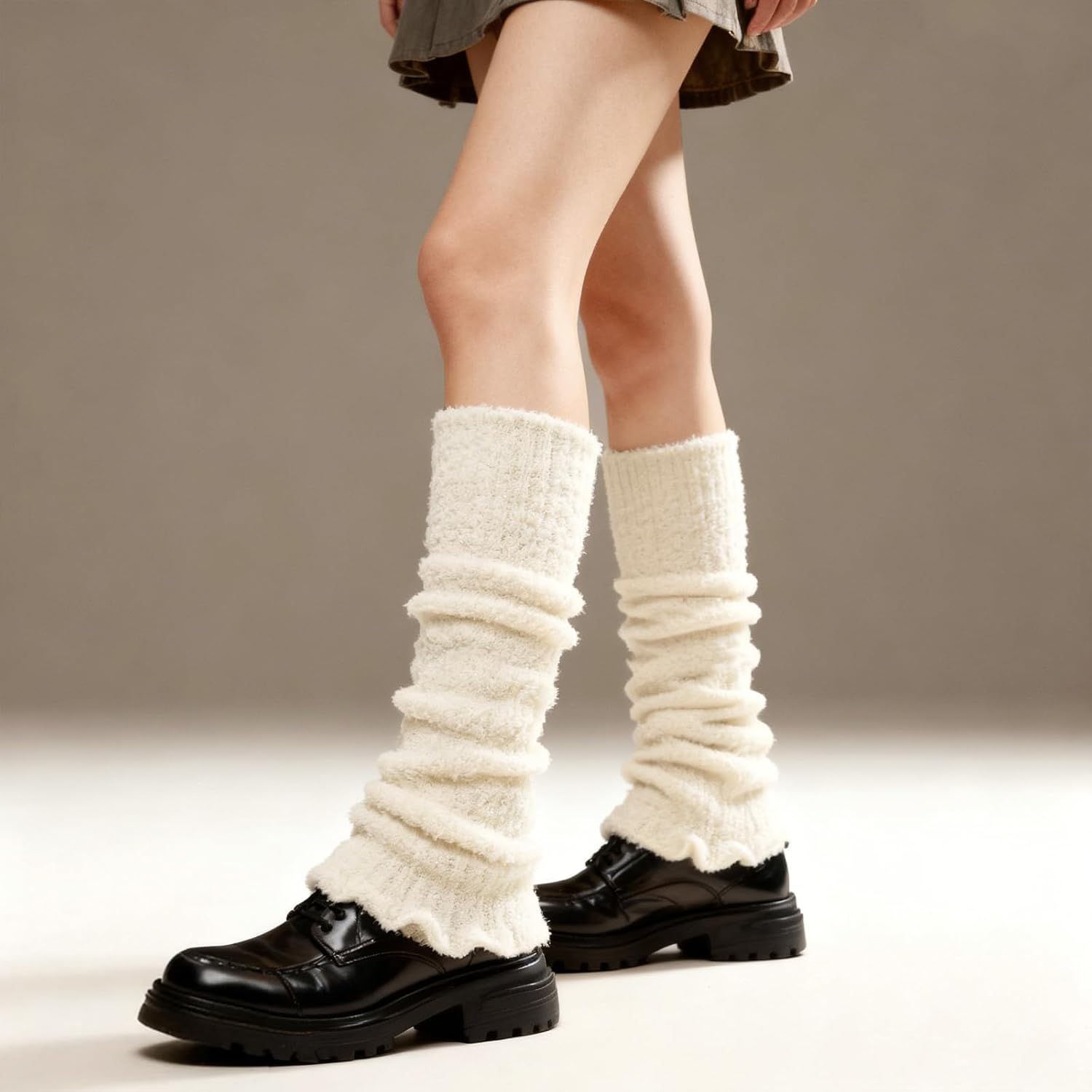 Womens Fuzzy Leg Warmers White Knit Winter Ankle Socks Cute Ruffle Leg Sleeves Cream Chunky Leg Warmers for Boots - Image 6