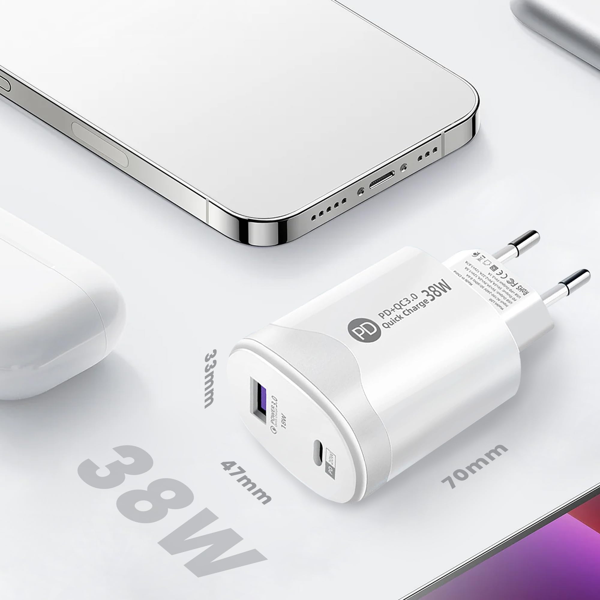 Leyf Ładowarka USB A typu C 2 w 1 38 W, 2 porty, kompatybilna ze wszystkimi modelami telefonów komórkowych i tabletów, szybka ładowarka QC 3.0, iPhone, iPad, Samsung Galaxy Xiaomi, Huawei, kabel typu