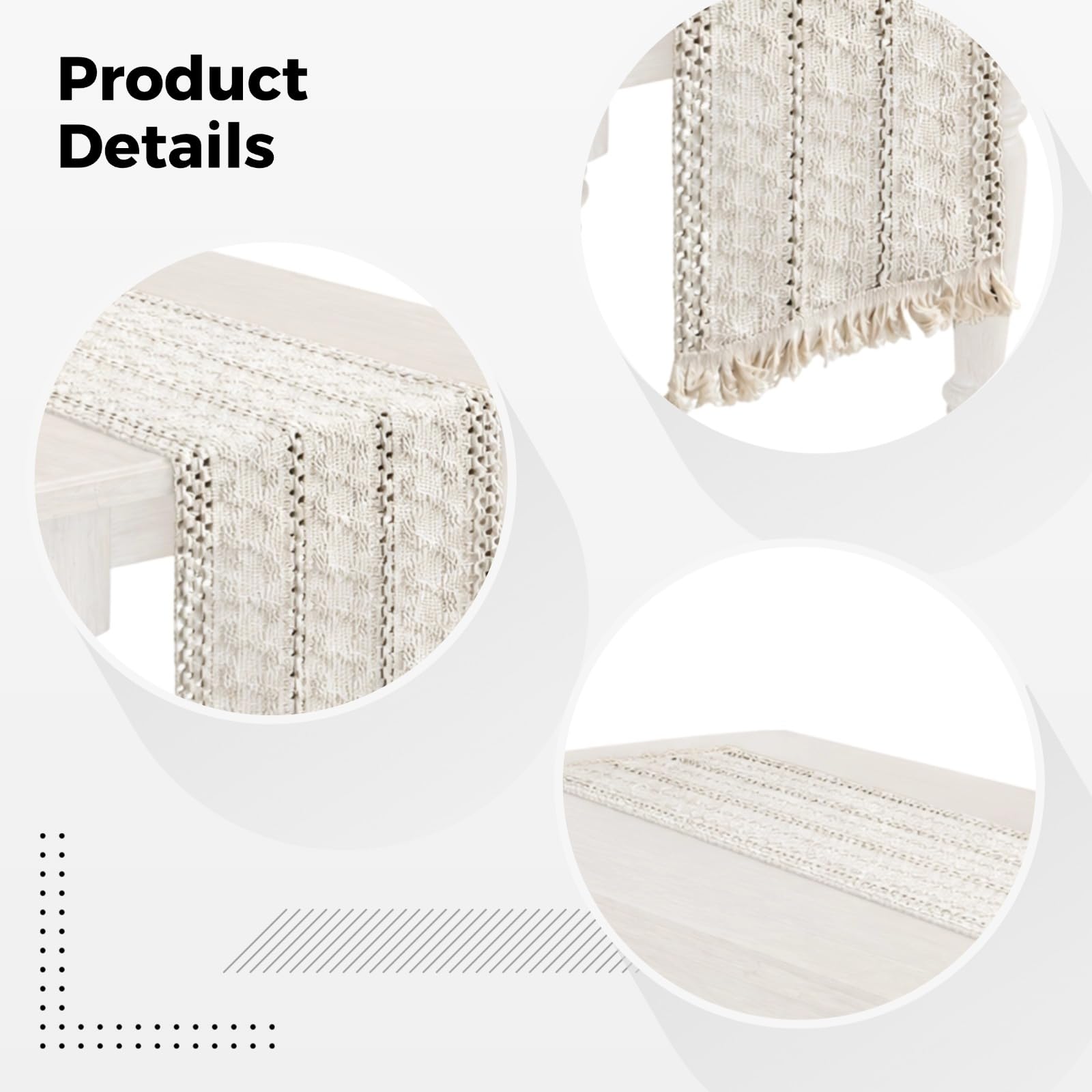 Tischläufer aus Baumwoll-Leinen, gewebter Tischläufer mit Quasten, gestreifter genähter Strickläufer, natürliche Creme-Deko für Küche, Esstisch und Esszimmer, neutraler Farmhouse-Boho-Stil