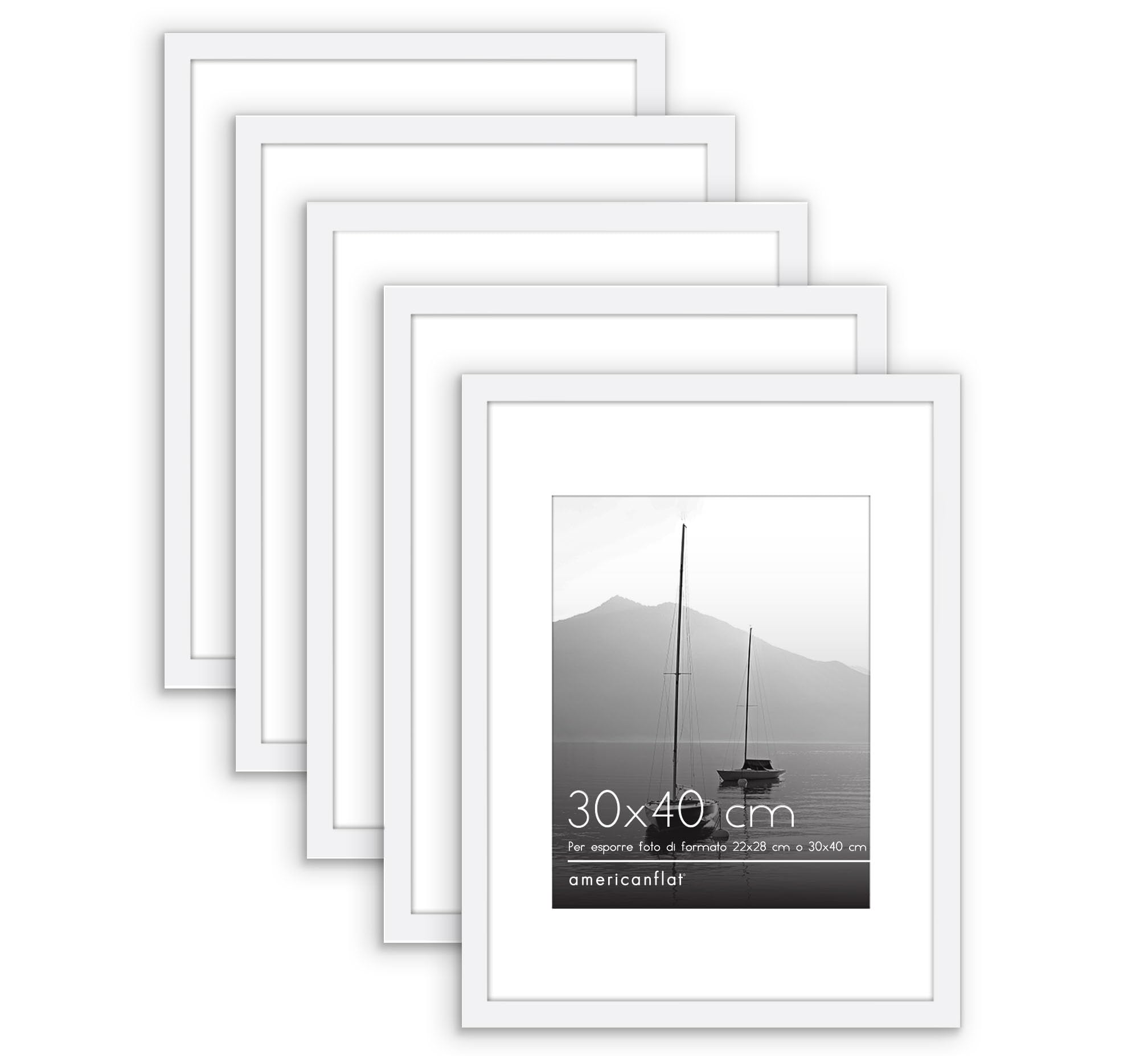 Americanflat Cornice 30x40 cm Bianco - Set da 5 Cornici 22x28 cm con Passepartout o 40x30 cm Senza Passepartout - Portafoto con Pannello Protettivo in Plastica, Ganci Seghettati Integrati