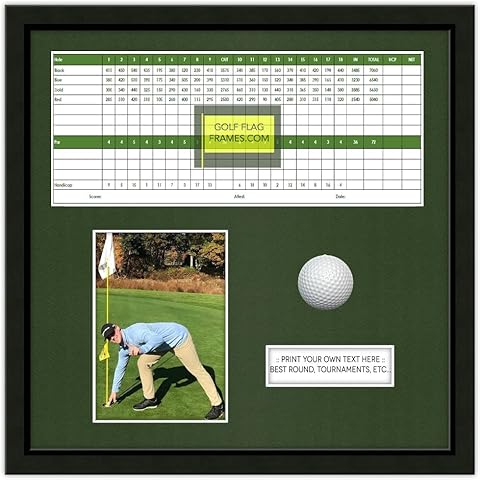 Golf Flag Frames 15x15 Black Scorecard Ball and Photo Frame with Optional Engraved Plate, Moulding blk-004 Shadowbox, Green Mat (holds up to 6x8 or 6x12 card VERTICAL 4x6 5x7 photo; card, & not incl) Cover