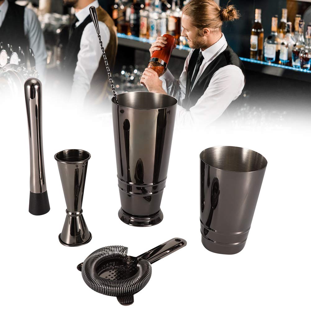 Cocoarm Juego de Cócteles Juego de Coctelera de Acero Inoxidable 304 Negro de 5 Piezas de Herramientas de Barra Boston con Cuchara Coladora Jigger para Fiestas de Camareros en el Bar en Casa