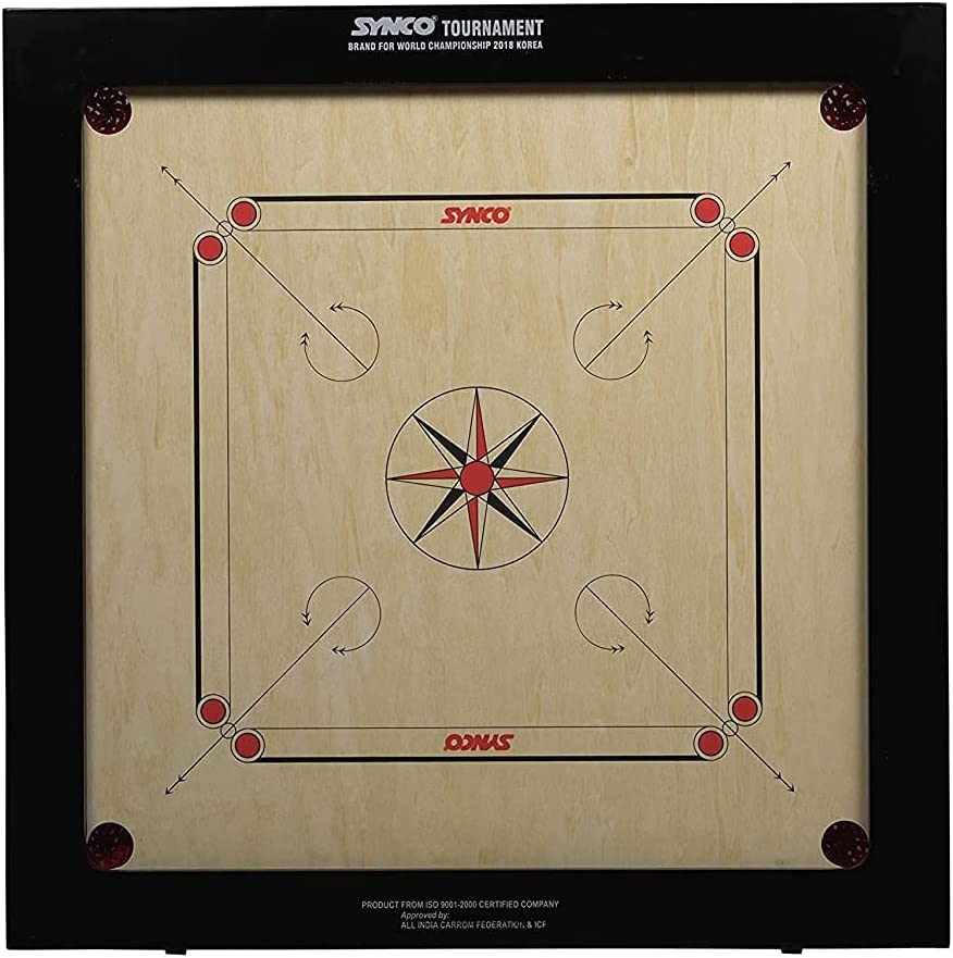 Image of Synco Tournament Full Size Carrom Board with Wooden Coins and Professional Striker 15g (Platinum Genius 20mm)
