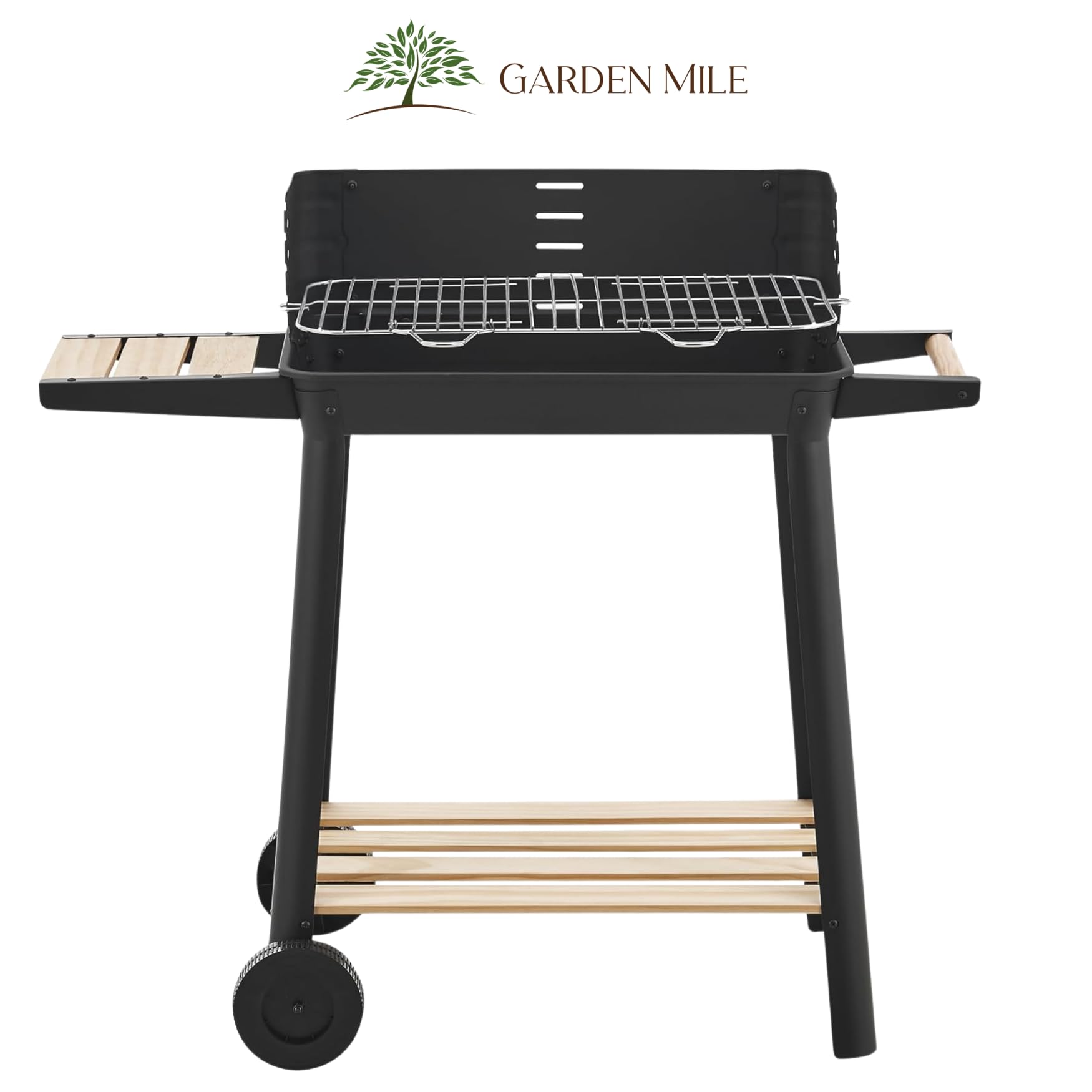 Garden Mile Parrilla de carbón con ruedas – Barbacoa de acero portátil grande con estantes de madera, altura ajustable, ahumador al aire libre para jardín, patio y cocina al aire libre