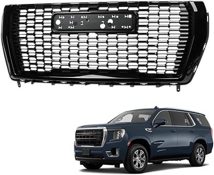 Glossy Black Denali Style Honeycomb Mesh Front Bumper Grill Grille Compatible With 2021-2024 GMC Yukon/Yukon XL/Denali