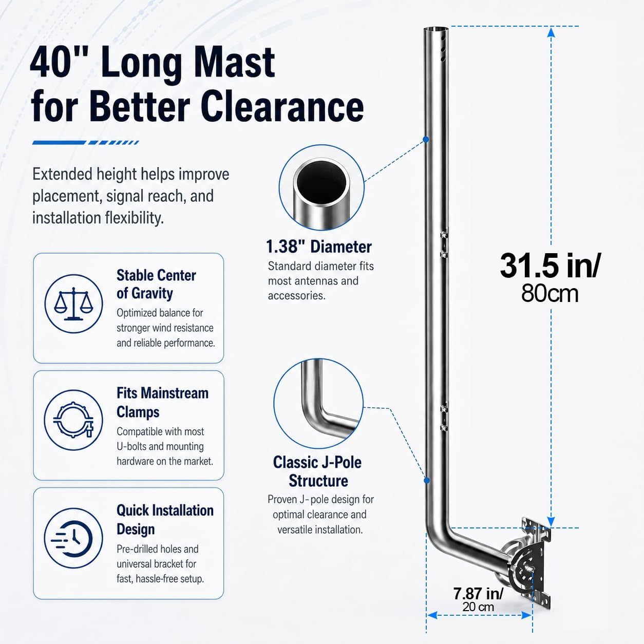 Palo antenna universale per TV, satellite, radio, antenne WiFi, Star-link (Scheggia-101cm)