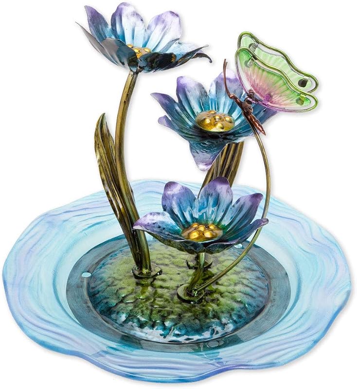 Bits and Pieces - Iridescent Glass Butterfly Fountain Sculpture – Indoor Home Décor - Zen Water Fountain - Desk or Tabletop Accessories - 12" Tall Multicolor