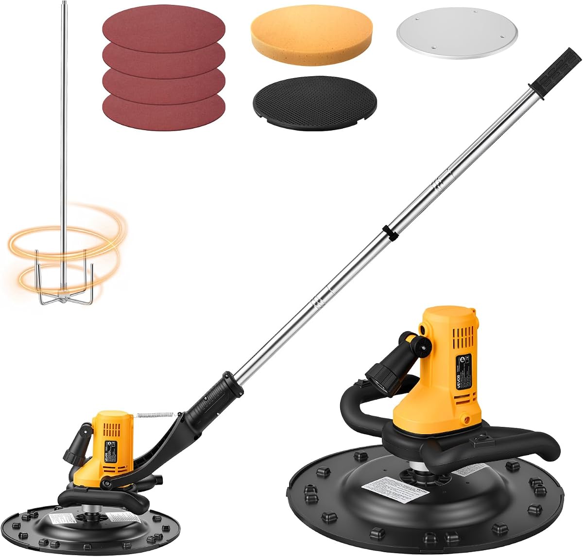 VEVOR Paleta eléctrica, máquina de acabado de hormigón de 800 W con cable con varilla mezcladora, 6 velocidades ajustables de 120 a 200 RPM, discos de paleta de acero y plástico, mango de extensión, acabado de cemento para alisar pisos