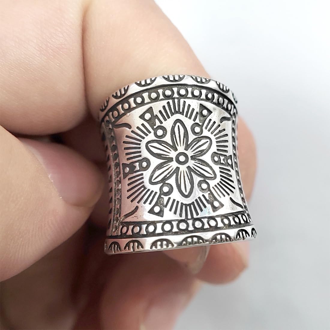 Handmade Wide Band Ring,Adjustable Retro Sterling Silver Mandala Boho Flower Full Finger Statement Bohemian Ethnic Gypsy Hippie Floral Ring for Women - Image 3