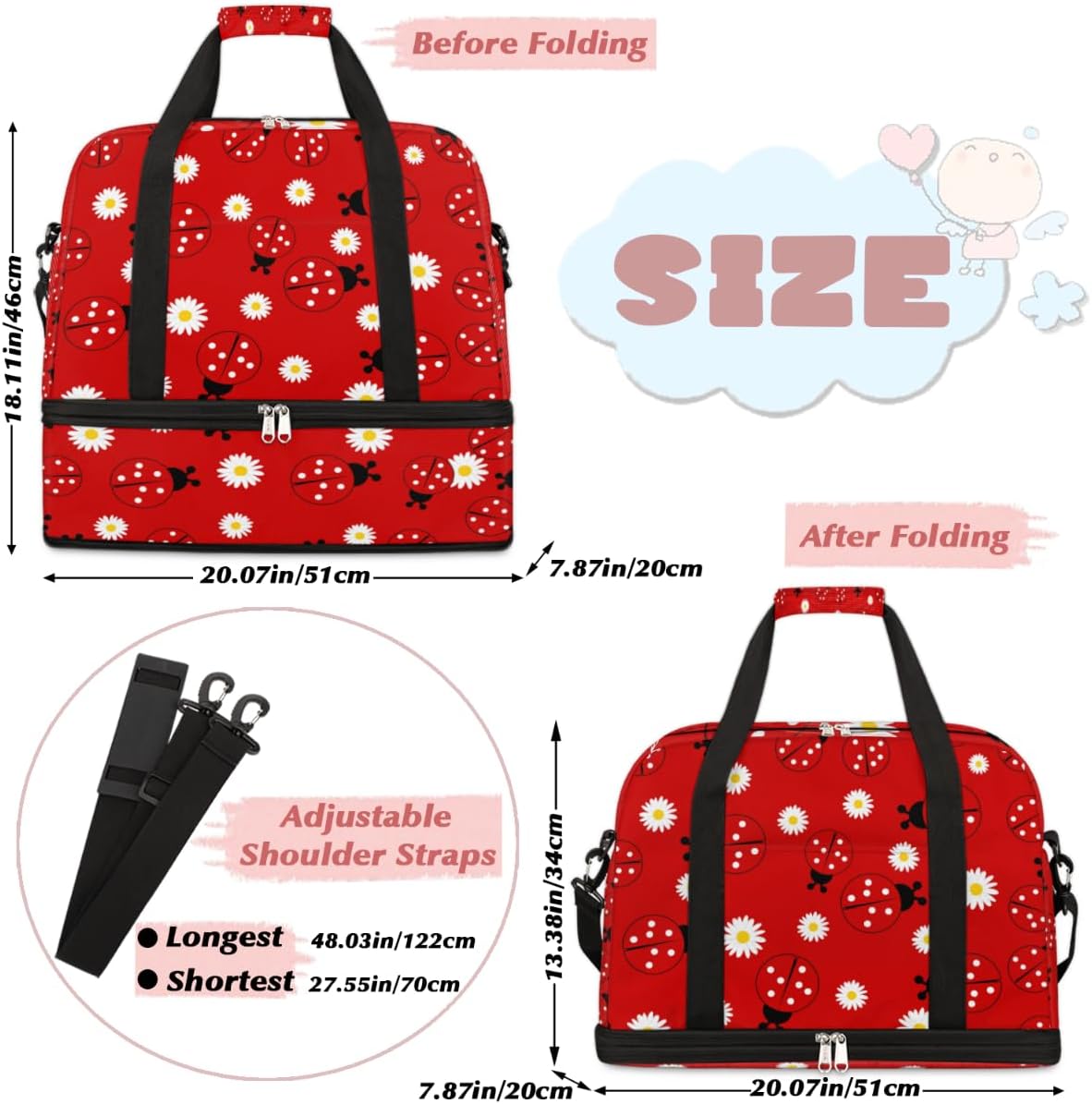 QsirBC Ladybugs Funny Style Gym Bag for Women Duffle Tote with Shoes Compartment Men Weekender Duffel for Dance Travel Sports Swimming Overnight