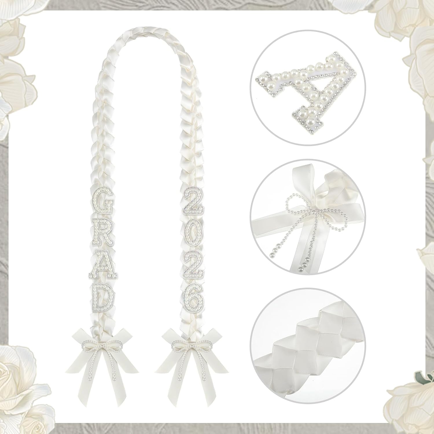 DIY Class of 2026 Graduation Leis with 30 Pearl Patches Letters and Numbers Graduation Money Leis Double Braided Ribbon Necklace for High School College 2026 Grad Party Decor(White)