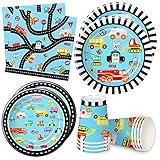 Xigejob Traffic Jam Cars Trucks Transportation Birthday Plates And Napkins Party Supplies Tableware Include Plate, Cup, Napkin, Construction Transport Vehicle Party Decorations Dinnerware | Serve 24