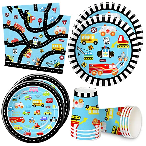 Xigejob Traffic Jam Cars Trucks Transportation Birthday Plates And Napkins Party Supplies Tableware Include Plate, Cup, Napkin, Construction Transport Vehicle Party Decorations Dinnerware | Serve 24 #TOP14