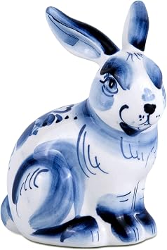 Gzhel Porcelain Bunny Figurine 2x3.7" 5x9.5 cm Handmade Statue Decorations for Home, Animal Statues, Hand-Painted Tabletop Ornament for Living Room, Easter Decor, Blue & White Heirloom Gzhel