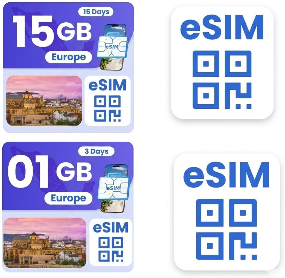 eSIM Bundle for International Travel, Europe 15GB/ 15 Days – Europe 1GB/ 3Days, 4G/5G Speed, Hotspot Supported, Instant Activation in 10 Minutes